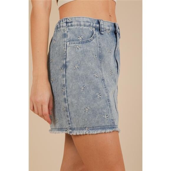 nwt VERY J Bow Printed Casual Denim Mini Skirt - Picture 1 of 5